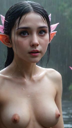 Ai Fantasy Nude Elf Girl Among Lotus Flowers in the Rain Slideshow