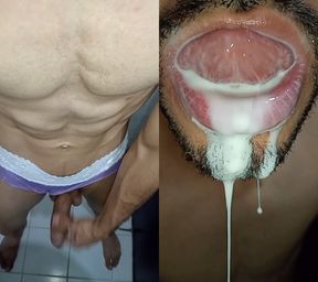 Cum in my mouth, play with your cum, and swallow it, sexy, femboy, trans, gay naughty, tongue, sloopy, six pack, fitness teen