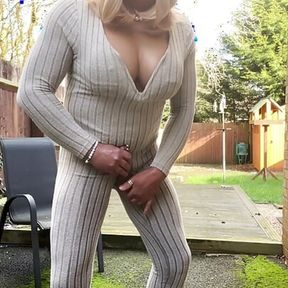 Amateur crossdresser kellycd2022 sexy milf pissing and masturbating in my play suit outdoors