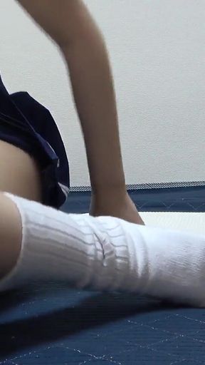 Girls Only Apartment in Japan, Skinny Girl Doing Seduce Fitness in Apron-type Mini Student Uniform, Thong Panties, White Socks