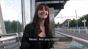 Babe's big natural boobs get a public drilling