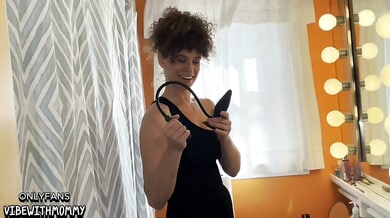 Woman in black dress and heels rides him hard and takes cum in her mouth