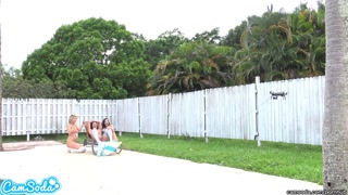 lesbian teen threesome play tug a war with a drone and their college pussy