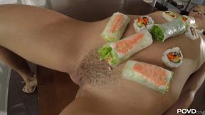 Alexis Tae serves rolls and sushi on her tight Latina body - POV