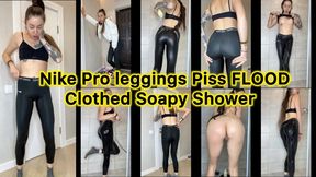 Desperate Pee in Nike Pro Leggings – Pissing Myself Before Door, Huge Puddle & Clothed Shower Soapy