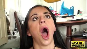 Brunette in torn pantyhose takes rough pussy pounding