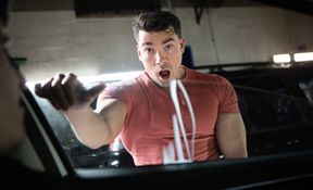 Sex at the garage with two muscular men on fire