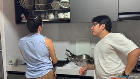 Passionate sex in the kitchen with a beautiful Latin wife with pink pussy!