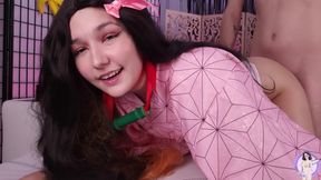 Nezuko's sultry cosplay allure captivates in wild teen ecstasy