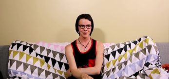 slut pulls on his dick while using dildo on