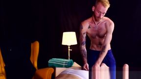 Ginger twink massages and jerks off his customer like a pro