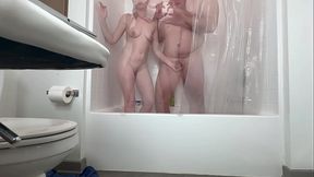 Wild sex and a wet blowjob in the shower after an intense naked workout