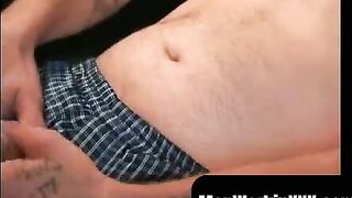 MenWorkinXXX.com - Inked homosexual man plays with his hairy dick and cums