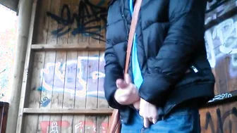 German Twink Jerks Off and Cums in Public Park on Rainy Day