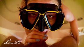 Rough blowjob and deepthroat in jacuzzi with scuba mask