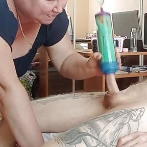 Mother-in-law jerks off my dick until I cum