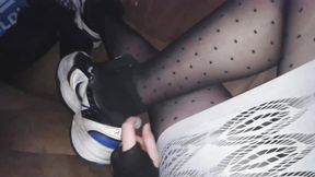 Sissy Teasing Feet & Body and Cums in Thin Nylons