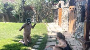 Proper puppy training, throwing balls in to the nuts - Castle outdoor slavery