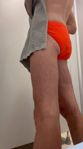 Male athlete with small but growing cock puts sexiest undies ever after cool swim