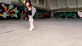 walking and teasing in my white pvc buckle boots and jeans