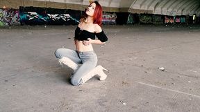 walking and teasing in my white pvc buckle boots and jeans
