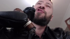 Smoke cigar and cum on leather