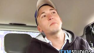 Smooth twinks ass fucking and spilling jizz in car threesome