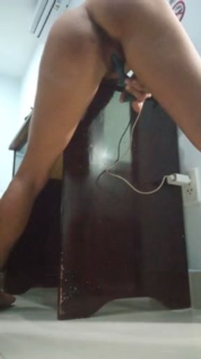Standing doggy style clit masturbation. Drooling hairy pussy