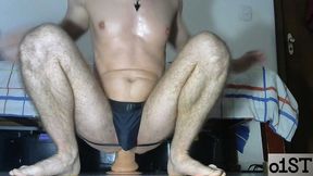 man with shaved body having fun with his toys