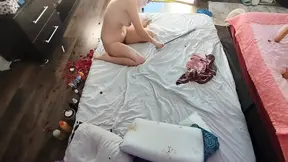 Sensual massage of a hot couple with oil on the body. Foreplay in the bedroom with an amateur couple.