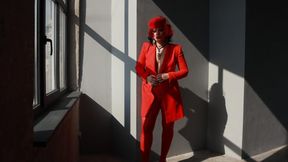 in red outfit and hat