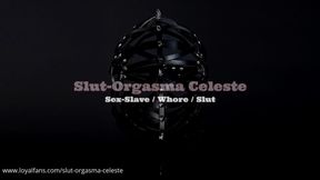 Slave Slut-Orgasma-Celeste in black latex canine dildo deep throat and smoking