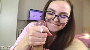 Cutie in glasses gets face-fucked and hand-jacked, then covered in gunk.