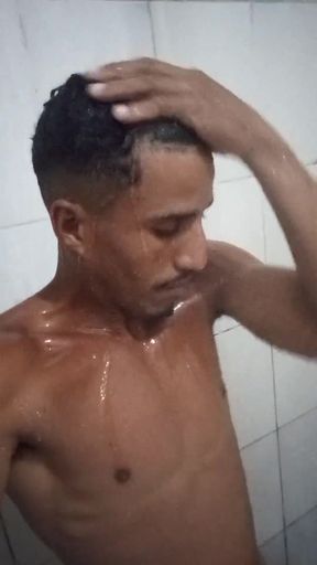 Brazilian Brunette 16cm Thick in the Shower - Hairy Hard Cock Taking a Hot Shower