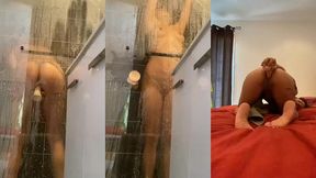 orgasme analje me gode sous la douche, orgasme anal en gros plan sur le lit