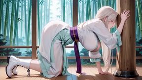 WHITE KIMONO MAID IN JAPANESE CORRIDOR