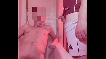 Amateur boy lost a bet, gets naked in the bathtub and is pissed on by his flatmate (body and mouth) - And he can&#039_t hide that he likes it as his uncut cock gets hard in 1 min :)