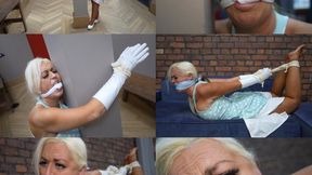 Blonde Milf cally, post tied, hogtied and handkerchief gagged (wmv)