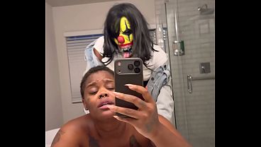 Ebony baddie with a thick booty gets her ass pounded by Gibby the clown