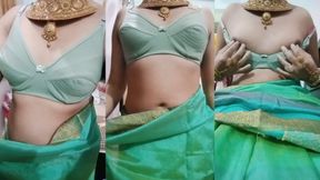 Indian Gay Crossdresser Bottom Gaurisissy pressing and playing with her big boobs in blue saree real homemade sex