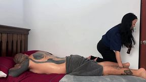 Sexy masseuse gives happy ending then rides big cock in doggy style