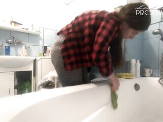 Large Melons Lena downblouse whilst cleaning bathtube