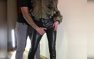 Hot passionate standing fuck in clothes, fur coat, leather legging, leather high heels - Otta Koi