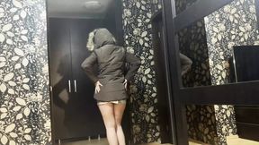 Brown fur hooded puffer jacket gets coated with cum