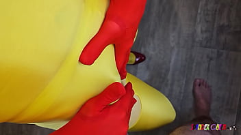 SpandexQueen comes three times and makes him cum on her yellow spandex suit