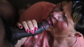 DRIPDROP: Short haired GILF sucks with cum dripping off her face!!