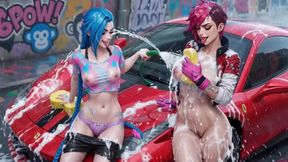 Jinx and Vi Washing the Red Ferrari Wet and Soapy