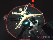Sexy young cuffed blonde gets fucked by shemale cyborg in the sci-fi lab