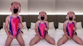 astolfo femboy rubs and cums in shiny swimsuit