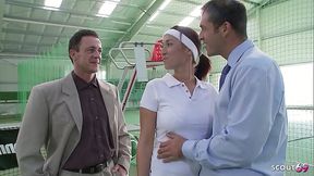 Nymphomaniac Tennis Girl talk two Big Dick Boys to Fuck her Anal and DP before massive Cumshot on Court